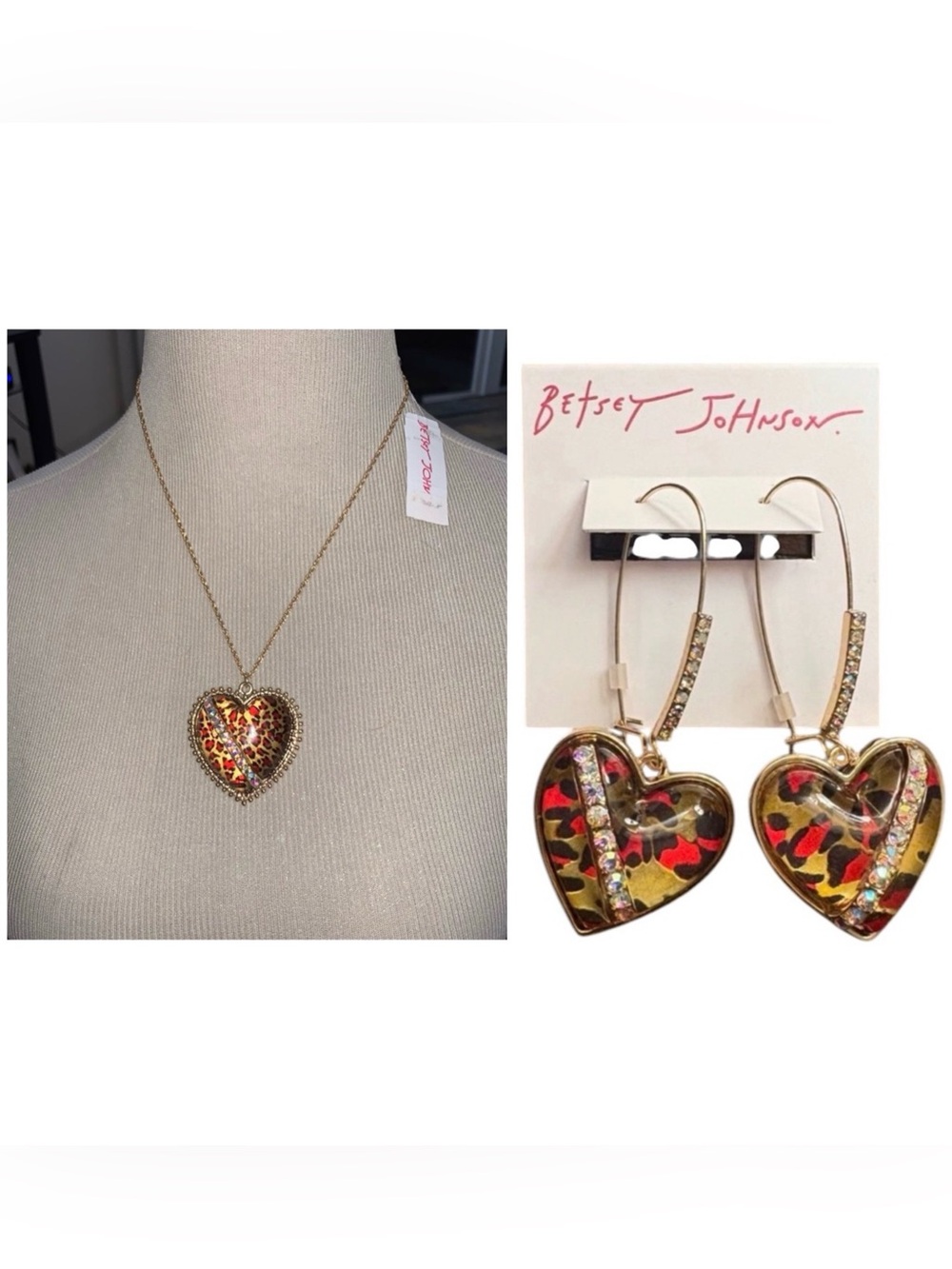 BETSEY JOHNSON SET Animal Print Heart-Shaped & Crystals Earrings & Necklace NWT